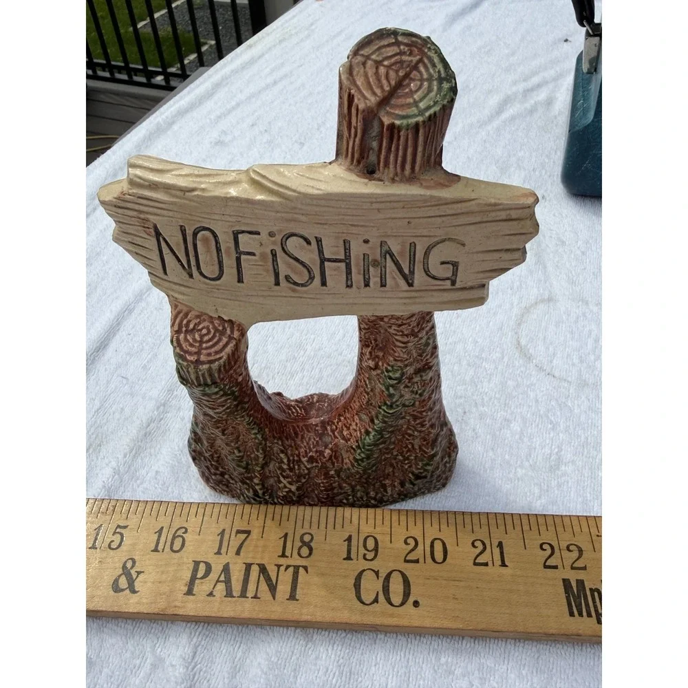 VTG Funny No Fishing Ceramic Aquarium Ornament Fish Tank Decor Rustic Cabin Sign